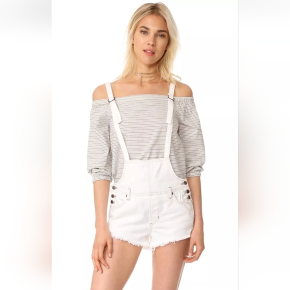 We The Free Strappy Shortalls Overalls Bib White Denim Jean Shorts Cutoff Raw 31 - Picture 1 of 16